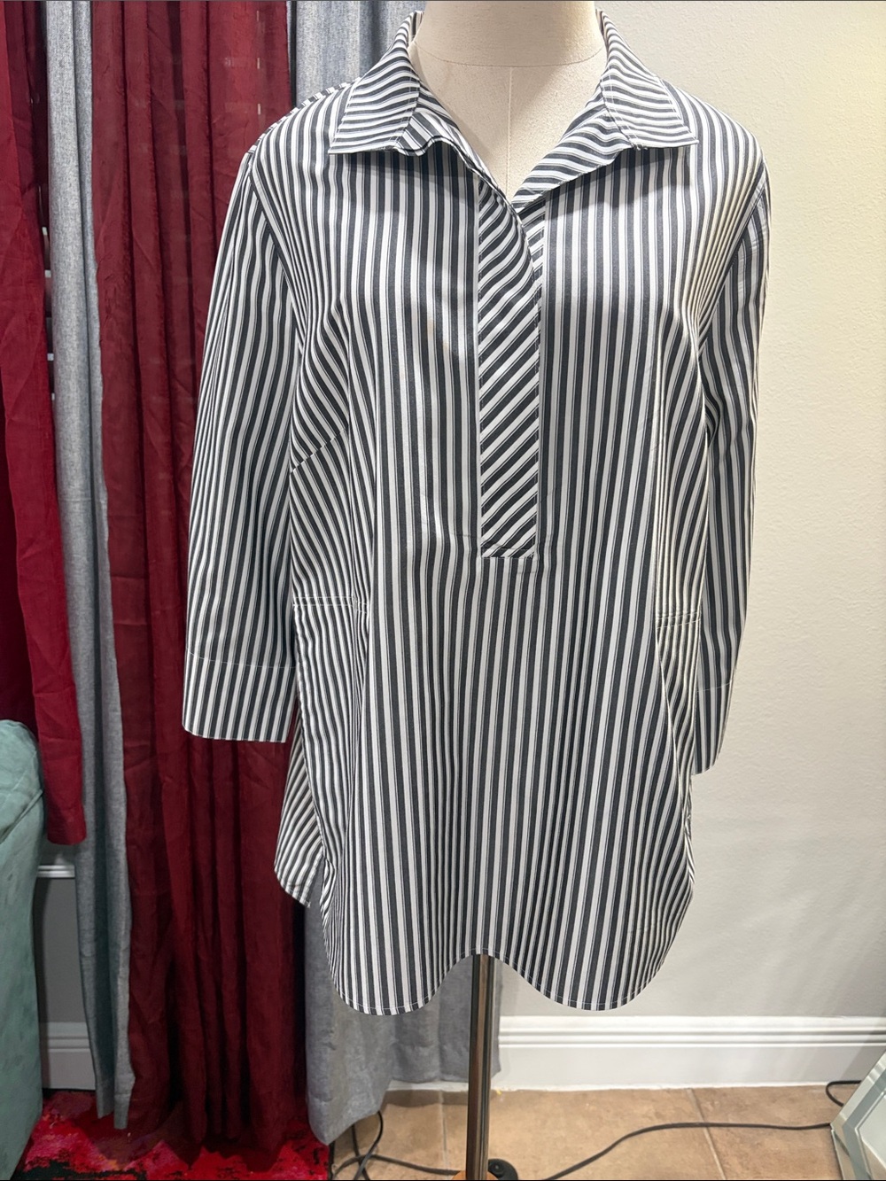 Chico's Black and White Vertical Stripe Button-Down Tunic